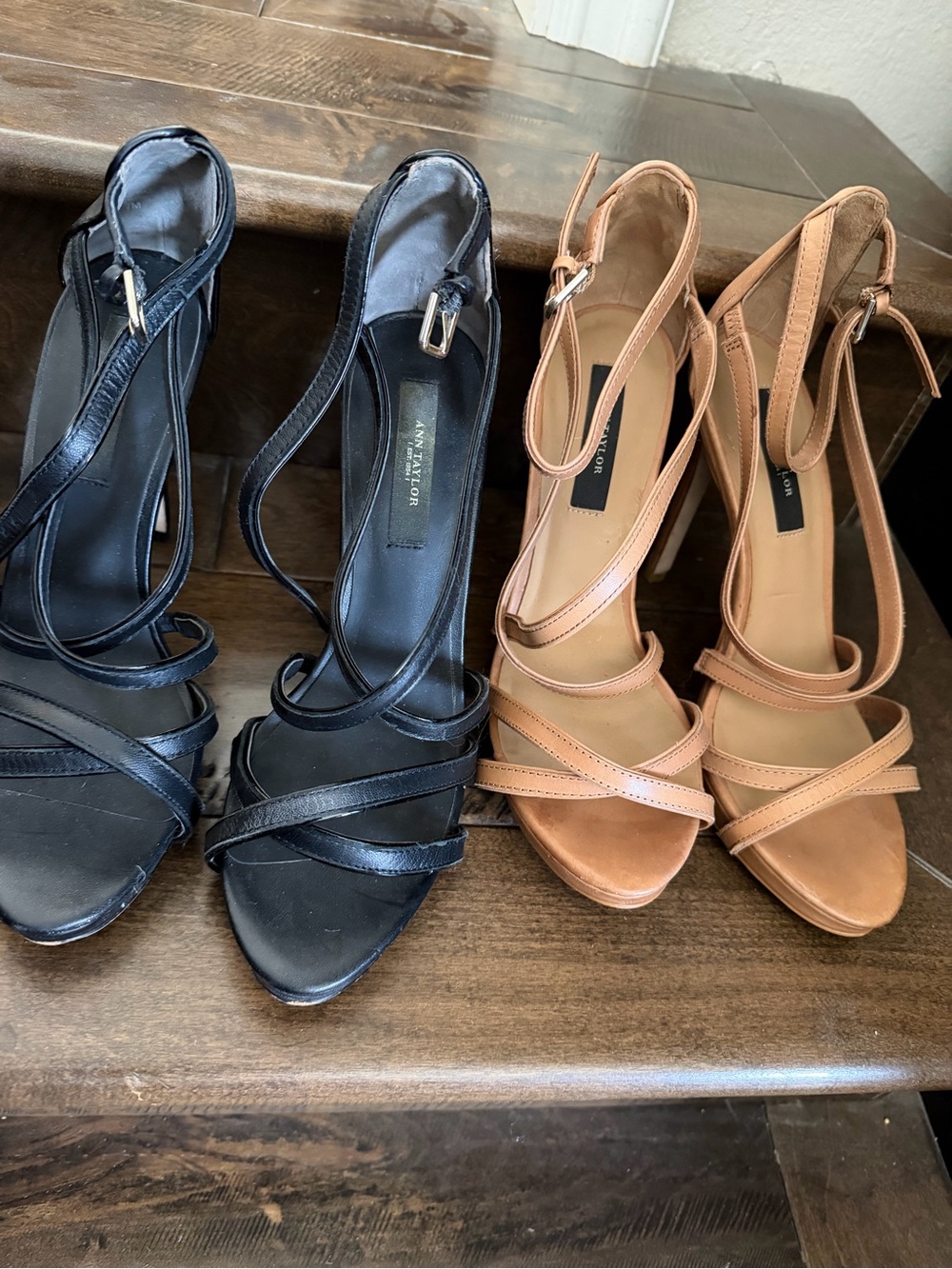 Ann Taylor Two-Pair Strappy High Heels in Black and Tan